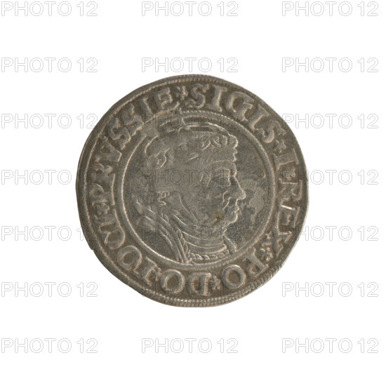 Prussian grosz, Sigismund I the Old (King of Poland; 1506–1548); Polish coin, Jagiellonian dynasty. Obverse: Crowned male bust in profile turned to the right; in the rim between pearl borders an inscription: .SIGIS.I.REX.PO.DO.TOCI.PRVSSIE. Reverse: The Eagle of Royal Prussia; in the rim between the pearl borders the inscription: .GROSS.COMV.TERR.PRVSSIE. 1535. Torun, Poland.