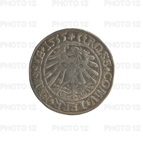 Prussian grosz, Sigismund I the Old (King of Poland; 1506–1548). Copper coin dated 1535, Torun, Poland. Obverse: Crowned male bust in profile turned to the right; in the rim between pearl borders an inscription: .SIGIS.I.REX.PO.DO.TOCI.PRVSSIE. Reverse: The Eagle of Royal Prussia; in the rim between the pearl borders the inscription: .GROSS.COMV.TERR.PRVSSIE. Subjects: Sigismund I the Old; coats of arms; eagles; royal bust; Jagiellonian dynasty; iconography.