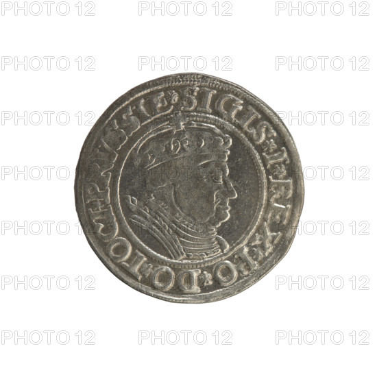 Prussian grosz, Sigismund I the Old (King of Poland; 1506–1548); Polish coin, Jagiellonian dynasty. Obverse: Crowned male bust in profile facing right; in rim between pearl borders the inscription .SIGIS.I.REX.PO.DO.TOCI.PRVSSIE. Reverse: The Eagle of Royal Prussia; in rim between pearl borders the inscription .GROSS.COMV.TERR.PRVSSIE. Date: 1535. Place: Torun, Poland. Materials/style: coin; coats of arms, eagles, royal bust; iconography of Sigismund I the Old.