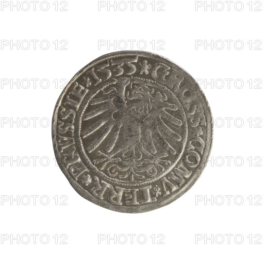 Prussian grosz, Sigismund I the Old (King of Poland; 1506–1548). Polish coin, Jagiellonian dynasty. Obverse: crowned male bust in profile turned to the right; in the rim between pearl borders an inscription: .SIGIS.I.REX.PO.DO.TOCI.PRVSSIE. Reverse: the Eagle of Royal Prussia; in the rim between the pearl borders the inscription: .GROSS.COMV.TERR.PRVSSIE. 1535. Torun, Poland.