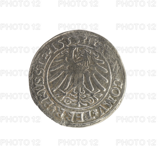 Prussian grosz, Sigismund I the Old (King of Poland; 1506–1548). Polish coin, Jagiellon dynasty. Obverse: crowned male bust in profile turned to the right; in the rim between pearl borders an inscription: .SIGI, EX.PO.DO.TOCI.PRVSSIE. Reverse: the Eagle of Royal Prussia; in the rim between the pearl borders the inscription: COMV.TERR.PRVSSIE. Dated 1535. Minted in Torun, Poland.