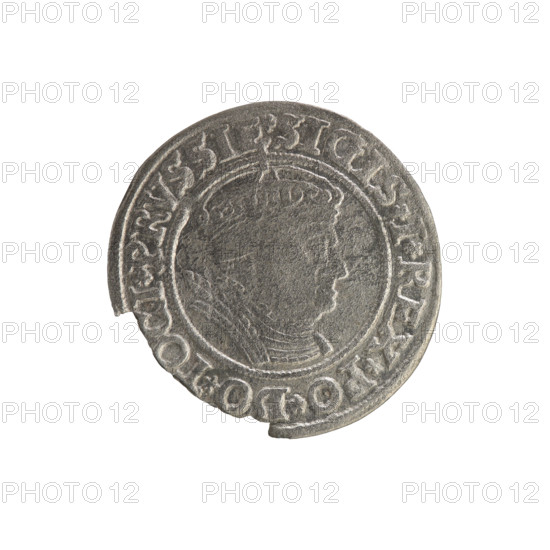 Prussian grosz, Sigismund I the Old (King of Poland; 1506–1548). Silver coin (grosz), 1535, Torun, Poland. Obverse: Crowned male (royal) bust in profile turned right; in rim between pearl borders inscription: .SIGIS.I.REX.PO.DO.TOCI.PRVSSIE. Reverse: Eagle of Royal Prussia; in rim between pearl borders inscription: .GROSS.COMV.TERR.PRVSSIE. Subjects/iconography: Jagiellonian dynasty, coats of arms, eagles, royal bust, Sigismund I the Old.