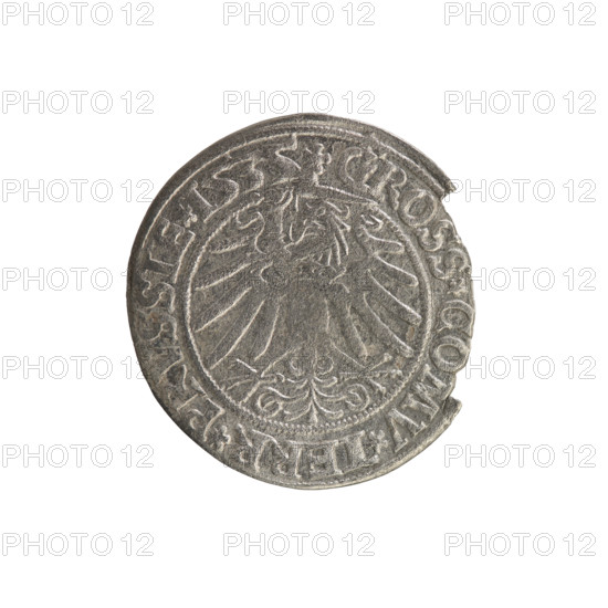 Prussian grosz, Sigismund I the Old (King of Poland; 1506–1548). Obverse: Crowned male bust in profile turned to the right; rim between pearl borders inscribed '.SIGIS.I.REX.PO.DO.TOCI.PRVSSIE'. Reverse: The Eagle of Royal Prussia; rim between pearl borders inscribed '.GROSS.COMV.TERR.PRVSSIE.1535'. 1535; Poland, Torun. Includes coats of arms, eagles, royal bust; iconography of Sigismund I the Old.