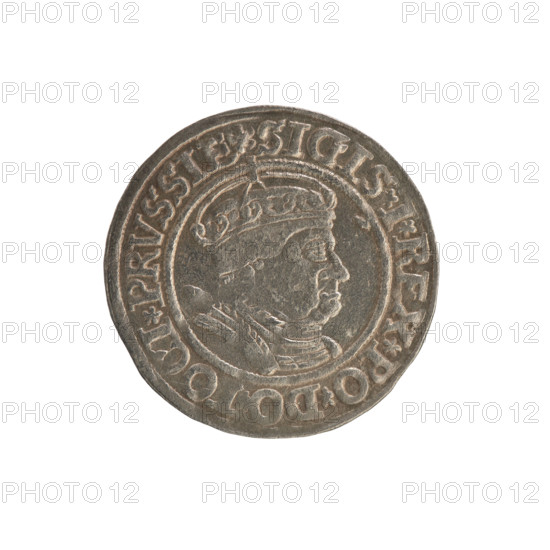 Prussian grosz, Sigismund I the Old (King of Poland; 1506–1548); Polish coin, Jagiellonian dynasty. Obverse: Crowned male bust in profile turned to the right; in the rim between pearl borders an inscription: .SIGIS.I.REX.PO.DO.TOCI.PRVSSIE. Reverse: The Eagle of Royal Prussia; in the rim between the pearl borders the inscription: .GROSS.COMV.TERR.PRVSSIE. 1535. Torun, Poland.