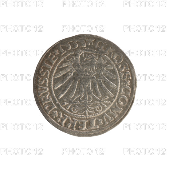 Prussian grosz, Sigismund I the Old (King of Poland; 1506–1548). Obverse: Crowned male bust in profile turned to the right; in the rim between pearl borders an inscription: .SIGIS.I.REX.PO.DO.TOCI.PRVSSIE. Reverse: The Eagle of Royal Prussia; in the rim between the pearl borders the inscription: .GROSS.COMV.TERR.PRVSSIE. 1535. Poland, Torun. Subjects: Polish coins; Jagiellonians (dynasty); coats of arms; eagles; royal bust; iconography of Sigismund I the Old. Materials/medium: coin.
