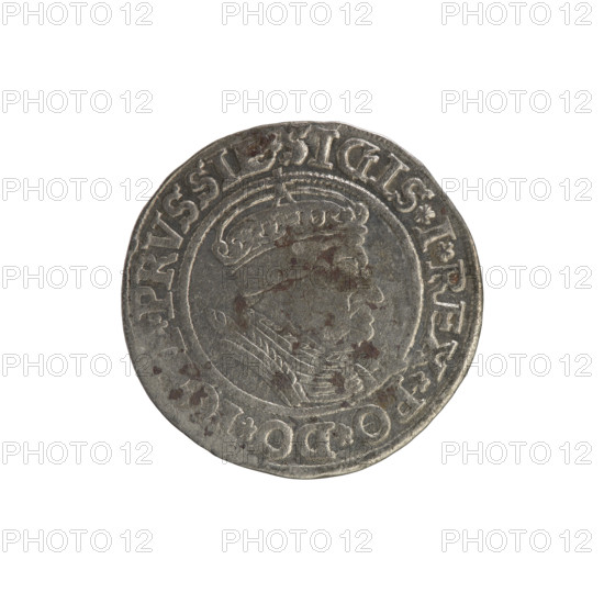 Prussian grosz, Sigismund I the Old (King of Poland; 1506–1548). Silver coin (grosz), 1535, Torun, Poland. Obverse: Crowned male (royal) bust in profile to the right; rim between pearly borders with inscription '.SIGIS.I.REX.PO.DO.' Reverse: Eagle of Royal Prussia; rim between pearly borders with inscription '.GROSS.COMV. PRVSSIE.1535'. Subjects/styles: Polish coinage, Jagiellonian dynasty iconography, coats of arms, eagles, royal bust; iconography of Sigismund I the Old.