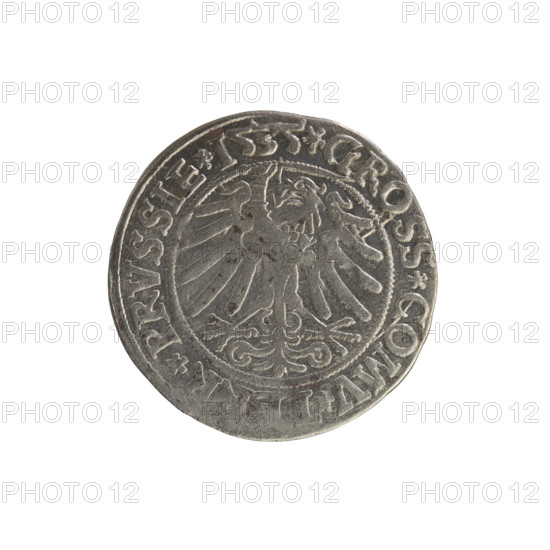 Prussian grosz, Sigismund I the Old (King of Poland; 1506–1548). Silver coin (grosz), 1535, Torun, Poland. Obverse: Crowned male/royal bust in profile facing right; rim inscription: .SIGIS.I.REX.PO.DO., .PRVSSIE. Reverse: Eagle of Royal Prussia; rim inscription: .GROSS.COMV., .PRVSSIE. Subjects/styles: Polish coins; Jagiellonian dynasty; coats of arms; eagles; royal/male bust; iconography of Sigismund I the Old.