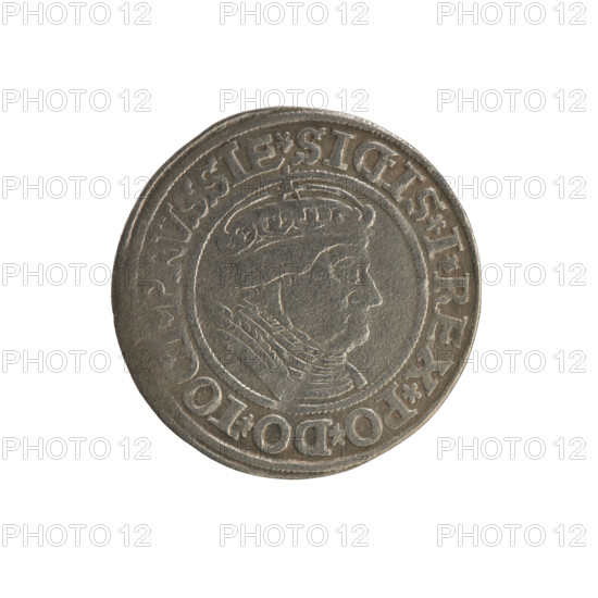 Prussian grosz of Sigismund I the Old (King of Poland; 1506–1548), 1535. Silver coin (grosz) from Torun, Poland. Obverse: crowned royal bust of Sigismund I in profile facing right; rim inscription between pearl borders: .SIGIS.I.REX.PO.DO.TOCI.PRVSSIE. Reverse: the Eagle of Royal Prussia; rim inscription between pearl borders: .GROSS.COMV.T, R.PRVSSIE. Subjects/themes: Polish coins, Jagiellonian dynasty, coats of arms, eagles, royal/male bust, iconography of Sigismund I the Old.