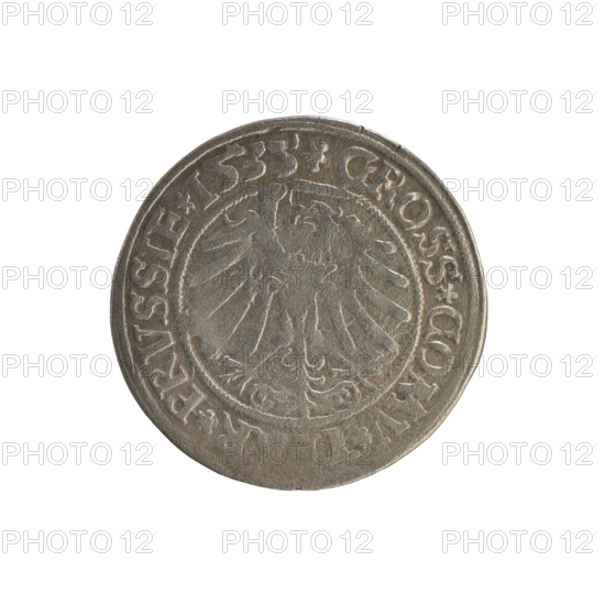Prussian grosz, Sigismund I the Old (King of Poland; 1506–1548). Silver coin (grosz), 1535, Torun, Poland. Obverse: Crowned male bust of Sigismund I in profile facing right; inscription in rim between pearl borders: .SIGIS.I.REX.PO.DO.TOCI.PRVSSIE. Reverse: Eagle of Royal Prussia; inscription in rim between pearl borders: .GROSS.COMV.T, R.PRVSSIE. Subjects/icons: Jagiellonian dynasty, coats of arms, eagles, royal male bust; iconography of Sigismund I the Old.