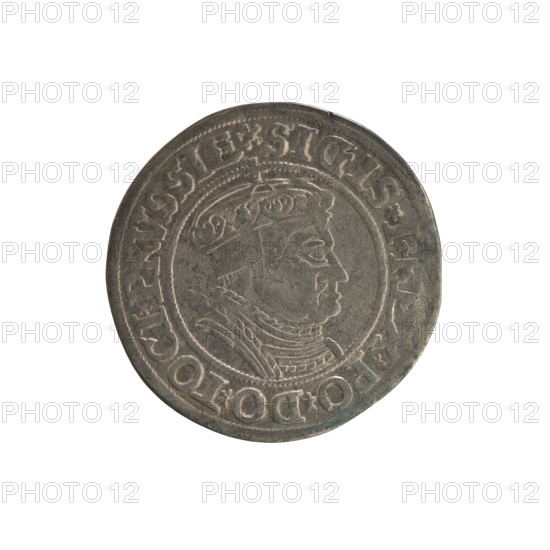 Prussian grosz, Sigismund I the Old (King of Poland; 1506–1548). Polish coin (Jagiellon dynasty). Obverse: crowned male bust in profile turned to the right; in the rim between pearly borders an inscription: .SIGIS.I., EX.PO.DO.TOCI.PRVSSIE. Reverse: the Eagle of Royal Prussia; in the rim between pearl borders the inscription: .GROSS.COMV., .PRVSSIE.1535. Dated 1535. Torun, Poland.