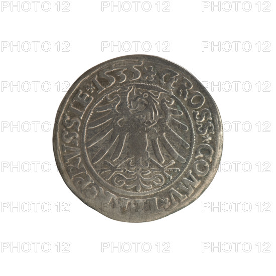 Prussian grosz, Sigismund I the Old (King of Poland; 1506–1548). Obverse: Crowned male bust in profile turned to the right; in the rim between pearly borders the inscription '.SIGIS.I., EX.PO.DO.TOCI.PRVSSIE'. Reverse: The Eagle of Royal Prussia; in the rim between the pearl borders the inscription '.GROSS.COMV., .PRVSSIE.1535'. Dated 1535. Poland, Torun. Subjects: Polish coins; Jagiellon dynasty; coats of arms; eagles; royal bust; iconography of Sigismund I the Old. Materials/style: coin (grosz).