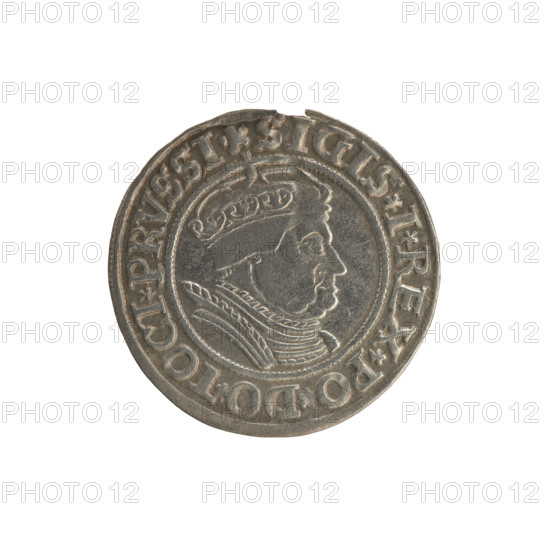 Prussian grosz, Sigismund I the Old (King of Poland; 1506–1548), Polish coin, Jagiellonian dynasty; motifs: coats of arms, eagles, male royal bust; obverse: crowned male bust in profile facing right with rim inscription '.SIGIS.I.REX.PO.DO.TOCI.PRVSSI Rw.'; reverse: the Eagle of Royal Prussia with rim inscription '.GROSS.COMV.TERR.PRVSSIE.1535'; dated 1535, Torun, Poland.