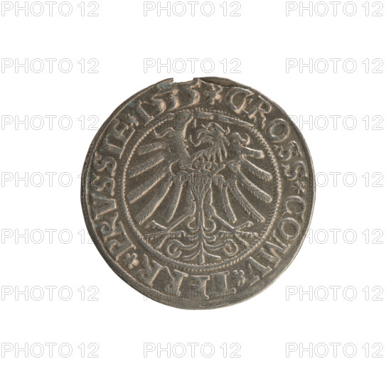 Prussian grosz, Sigismund I the Old (King of Poland; 1506–1548), 1535. Obverse: Crowned male bust in profile turned to the right; in the rim between pearl borders an inscription: .SIGIS.I.REX.PO.DO.TOCI.PRVSSI Rw. Reverse: The Eagle of Royal Prussia; in the rim between the pearl borders the inscription: .GROSS.COMV.TERR.PRVSSIE. Materials: coin; subject: coats of arms, eagles, male/royal bust; style: 16th-century Polish coin iconography. Location struck: Torun, Poland.