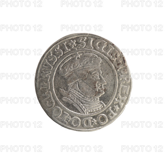 Prussian grosz, Sigismund I the Old (King of Poland; 1506–1548). Obverse: Crowned male bust in profile turned to the right; in the rim between pearl borders an inscription: .SIGIS.I.REX.PO.DO.TOCI.PRVSSI Rw. Reverse: The Eagle of Royal Prussia; in the rim between the pearl borders the inscription: .GROSS.COMV.TERR.PRVSSIE.1535. Dated 1535. Poland, Torun. Subjects: Polish coins; Jagiellonians (dynasty); coats of arms; eagles; royal bust; iconography of Sigismund I the Old. Materials/format: coin.