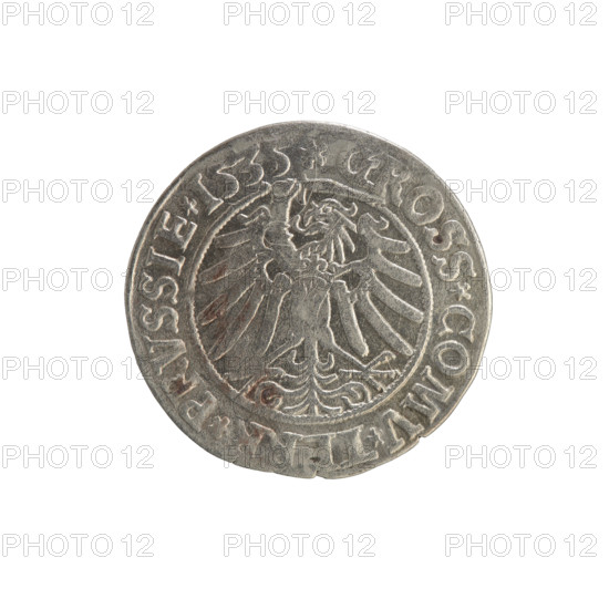 Prussian grosz, Sigismund I the Old (King of Poland; 1506–1548). Obverse: Crowned male bust in profile turned to the right; in the rim between pearl borders an inscription: .SIGIS.I.REX.PO.DO.TOCI.PRVSSI. Reverse: The Eagle of Royal Prussia; in the rim between the pearl borders the inscription: .GROSS.COMV.TERR.PRVSSIE.1535. 1535. Poland, Torun. Subjects: Polish coins; Jagiellonians (dynasty); coats of arms; eagles; royal/male bust; iconography of Sigismund I the Old. Materials/function: coin.