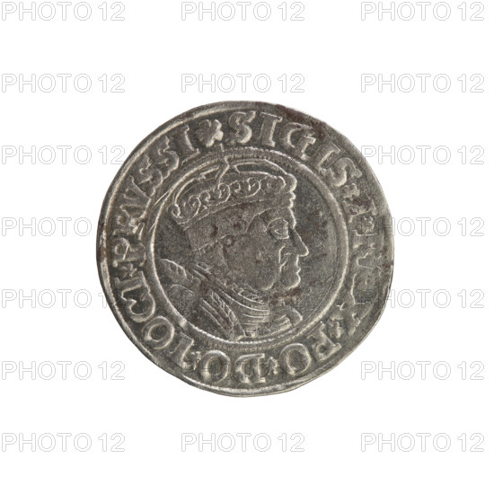 Prussian grosz, Sigismund I the Old (King of Poland; 1506–1548). Polish coin, Jagiellonian dynasty. Obverse: crowned male bust in profile facing right; rim between pearl borders inscribed '.SIGIS., X.PO.DO.TOCI.PRVSSI'. Reverse: the Eagle of Royal Prussia; rim between pearl borders inscribed '.GROSS, COMV.TERR.PRVSSIE. 1535'. Dated 1535. Minted in Torun, Poland. Subjects: coats of arms, eagles, royal/male bust; iconography of Sigismund I the Old. Materials: coin (metal).
