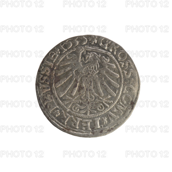 Prussian grosz, Sigismund I the Old (King of Poland; 1506–1548). Obverse: Crowned male bust in profile turned to the right; in the rim between pearl borders an inscription: .SIGIS., X.PO.DO.TOCI.PRVSSI. Reverse: The Eagle of Royal Prussia; in the rim between the pearl borders the inscription: .GROSS, COMV.TERR.PRVSSIE.1535. Minted 1535, Torun, Poland. Subjects: Polish coins; Jagiellonian dynasty; coats of arms; eagles; royal/male bust; iconography of Sigismund I the Old.