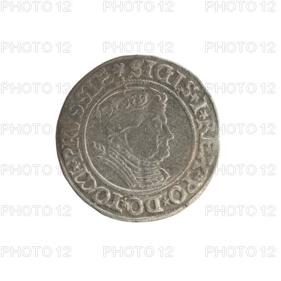 Prussian grosz, Sigismund I the Old (King of Poland; 1506–1548). Polish coin (1535), Torun. Obverse: Crowned male bust in profile turned to the right; in the rim between pearly borders an inscription: .SIGIS.I., .PO.DO.TOCI.PRVSSIE. Reverse: The Eagle of Royal Prussia; in the rim between the pearl borders the inscription: .GROSS.COMV.TERR.PRVSSIE.