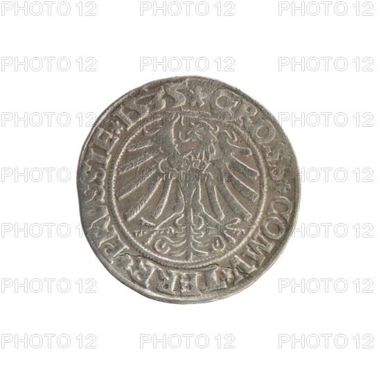 Prussian grosz, Sigismund I the Old (King of Poland; 1506–1548). Silver coin (grosz), 1535, Torun, Poland. Obverse: Crowned male royal bust in profile turned to the right; rim inscription: .SIGIS.I., .PO.DO.TOCI.PRVSSIE. Reverse: The Eagle of Royal Prussia; rim inscription: .GROSS.COMV.TERR.PRVSSIE. Iconography: coats of arms, eagles, male/royal bust; Jagiellonian dynasty.