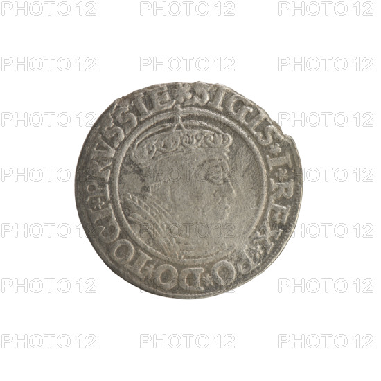 Prussian grosz, Sigismund I the Old (King of Poland; 1506–1548). Silver coin (grosz), 1535, Torun, Poland. Obverse: Crowned male royal bust in profile facing right; in the rim between pearl borders an inscription: .SIGIS.I.REX.PO.DO.TOCI.PRVSSIE. Reverse: The Eagle of Royal Prussia; in the rim between the pearl borders the inscription: .GROSS.COMV.TERR.PRVSSIE. Subjects/icons: Jagiellonian dynasty, coats of arms, eagles, royal bust, iconography of Sigismund I the Old.