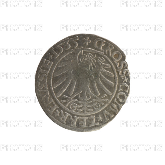 Prussian grosz, Sigismund I the Old (King of Poland; 1506–1548). Polish coin, Jagiellonian dynasty. Obverse: Crowned male bust in profile turned to the right; in the rim between pearl borders an inscription: .SIGIS.I.REX.PO.DO.TOCI.PRVSSIE. Reverse: The Eagle of Royal Prussia; in the rim between the pearl borders the inscription: .GROSS.COMV.TERR.PRVSSIE. Date: 1535. Place: Torun, Poland. Materials/style: coin, coats of arms, eagles, royal bust; iconography of Sigismund I the Old.