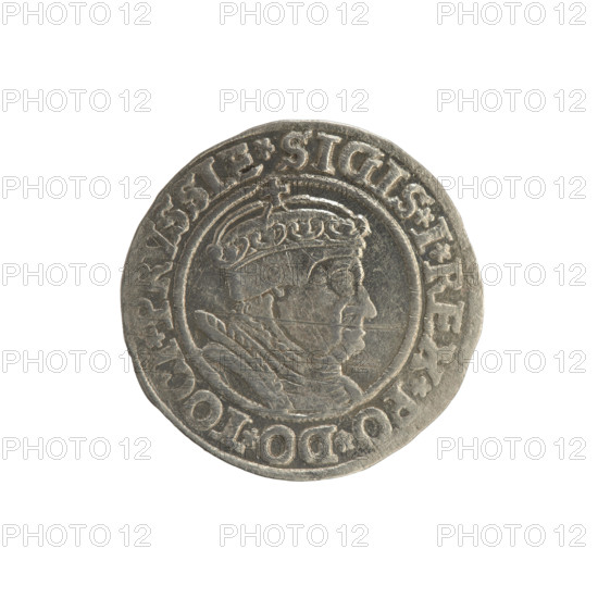 Prussian grosz, Sigismund I the Old (King of Poland; 1506–1548). Polish coin, Jagiellonian dynasty. Obverse: Crowned male bust in profile turned to the right; in the rim between pearl borders an inscription: .SIGIS.I.REX.PO.DO.TOCI.PRVSSIE. Reverse: The Eagle of Royal Prussia; in the rim between the pearl borders the inscription: .GROSS.COMV.TERR.PRVSSIE. Dated 1535. Torun, Poland.