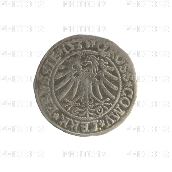 Prussian grosz, Sigismund I the Old (King of Poland; 1506–1548). Polish coin, Jagiellonian dynasty. Obverse: Crowned male bust in profile turned to the right; in the rim between pearl borders an inscription: .SIGIS.I.REX.PO.DO.TOCI.PRVSSIE. Reverse: The Eagle of Royal Prussia; in the rim between the pearl borders the inscription: .GROSS.COMV.TERR.PRVSSIE. Date: 1535. Mint: Torun, Poland. Subjects/themes: coats of arms, eagles, male/royal bust, iconography of Sigismund I.