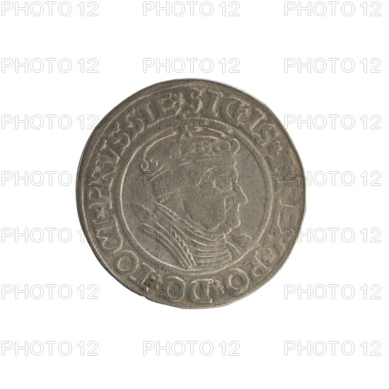 Prussian grosz, Sigismund I the Old (King of Poland; 1506–1548). Obverse: Crowned male bust in profile turned to the right; in the rim between pearl borders an inscription: .SIGIS.I.REX.PO.DO.TOCI.PRVSSIE. Reverse: The Eagle of Royal Prussia; in the rim between the pearl borders the inscription: .GROSS.COMV.TERR.PRVSSIE. 1535. Coin; Torun, Poland.
