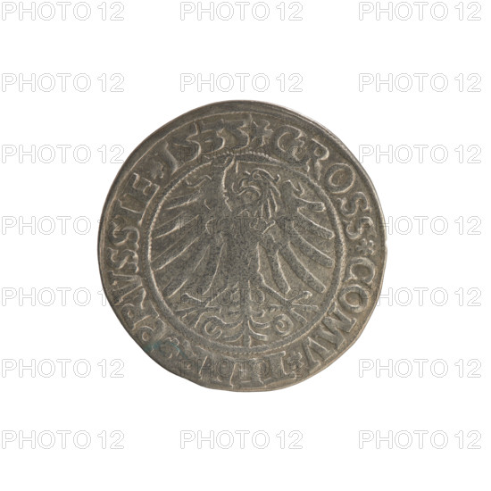 Prussian grosz, Sigismund I the Old (King of Poland; 1506–1548). Obverse: Crowned male bust in profile turned to the right; in the rim between pearl borders an inscription: .SIGIS.I.REX.PO.DO.TOCI.PRVSSIE. Reverse: The Eagle of Royal Prussia; in the rim between the pearl borders the inscription: .GROSS.COMV.TERR.PRVSSIE. 1535. Poland, Torun. Subjects/styles: Polish coin, Jagiellonian dynasty; coats of arms; eagles; royal/male bust; iconography of Sigismund I the Old. Materials/function: coin.