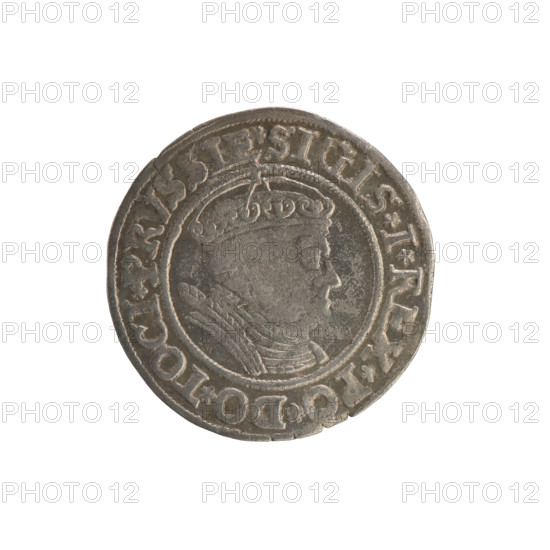 Prussian grosz, Sigismund I the Old (King of Poland; 1506–1548). Silver coin (grosz), 1535, Torun, Poland. Obverse: Crowned male royal bust in profile facing right; in the rim between pearl borders an inscription: .SIGIS.I.REX.PO.DO.TOCI.PRVSSIE. Reverse: The Eagle of Royal Prussia; in the rim between the pearl borders the inscription: .GROSS.COMV.TERR.PRVSSIE. Subjects/themes: Polish coinage, Jagiellonian dynasty, coats of arms, eagles, royal bust, iconography of Sigismund I the Old.