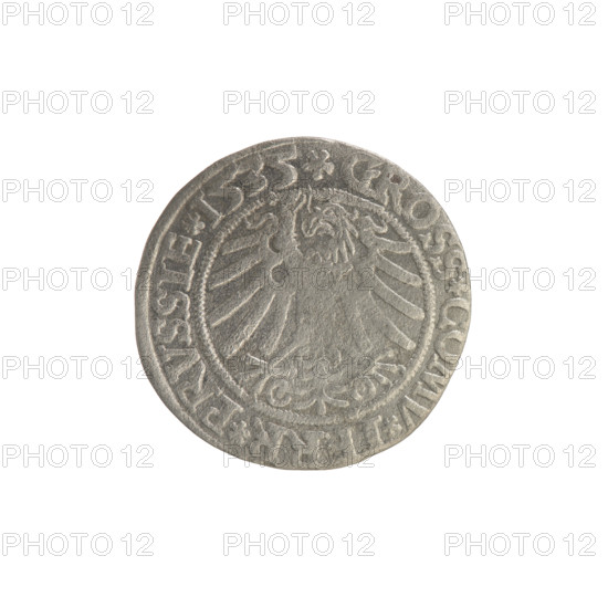Prussian grosz, Sigismund I the Old (King of Poland; 1506–1548); obverse: crowned male bust in profile turned to the right, in the rim between pearl borders an inscription: .SIGIS.I.REX.PO.DO.TOCI.PRVSSIE; reverse: the Eagle of Royal Prussia, in the rim between the pearl borders the inscription: .GROSS.COMV.TERR.PRVSSIE.1535; dated 1535; Poland, Torun; subjects/emblems: Jagiellon dynasty, Polish coins, eagles, royal bust; iconography: Sigismund I the Old (1467–1548).