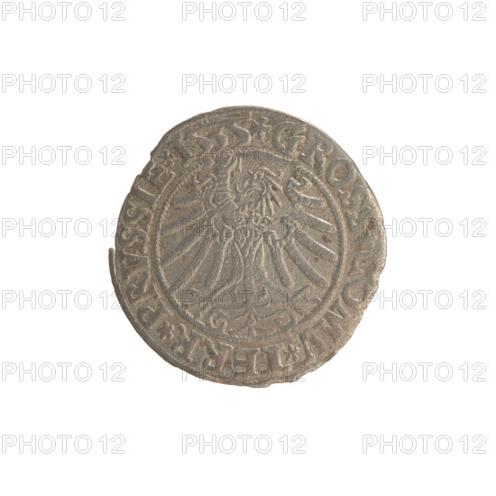 Prussian grosz, Sigismund I the Old (King of Poland; 1506–1548), coats of arms, Jagiellonians (dynasty), eagles, royal bust, Polish coin, Eagle (coat of arms), Sigismund I the Old — iconography, male busts. Obverse: Crowned male bust in profile turned to the right; in the rim between the pearl borders an inscription: .SIGIS.I.REX.PO.DO.TOCI.PRVSSIE. Reverse: The Eagle of Royal Prussia; in the rim between the pearl borders the inscription: .GROSS.COMV.TERR.PRVSSIE.1535. 1535, Torun, Poland.