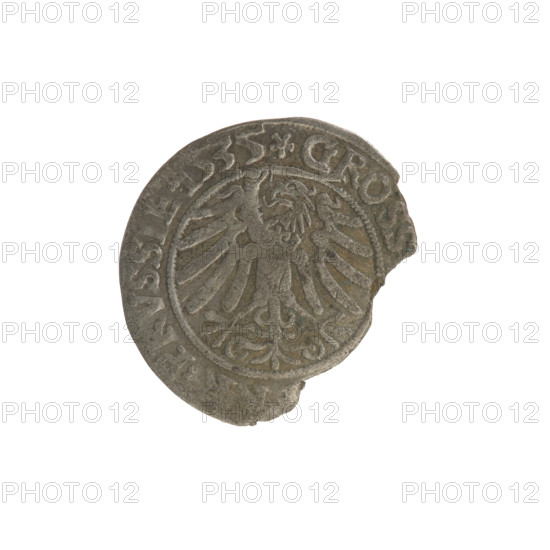Prussian grosz, Sigismund I the Old (King of Poland; 1506–1548). Obverse: crowned male bust in profile turned to the right; in the rim between pearl borders an inscription: .SI, X.PO.DO.TOCI.PRVSSIE. Reverse: the Eagle of Royal Prussia; in the rim between the pearl borders the inscription: .GROSS, .PRVSSIE. 1535. Coats of arms, Jagiellons dynasty, eagles, royal bust; male busts. Poland, Torun; coin.