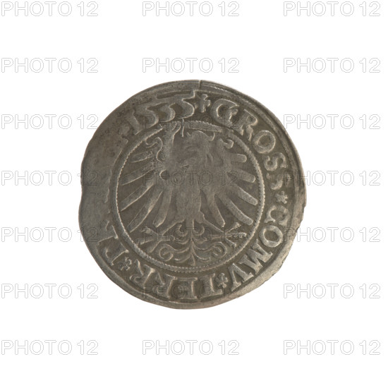 Prussian grosz, Sigismund I the Old (King of Poland; 1506–1548). Obverse: crowned male bust in profile turned right; inscription in rim between pearly borders: .SIGIS.I, .PO.DO.TOCI.PRVSSIE. Reverse: the Eagle of Royal Prussia; inscription in rim between pearly borders: .GROSS.COMV.TERR.PR, date 1534–1535. Torun, Poland. Subjects: coats of arms, Jagiellons dynasty, eagles, royal bust; iconography: Sigismund I the Old, male busts; type: Polish coin.