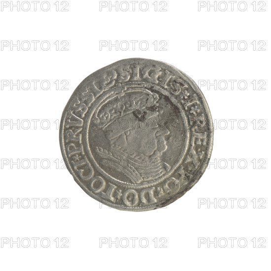 Prussian grosz, Sigismund I the Old (King of Poland; 1506–1548). Obverse: Crowned male bust in profile turned to the right; in the rim between pearl borders an inscription: .SIGIS.I.REX.PO.DO.TOCI.PRVSSIE. Reverse: The Eagle of Royal Prussia; in the rim between the pearl borders the inscription: .GROSS.COMV.TERR.PRVSSIE. 1535. Poland, Torun. Subjects/details: coats of arms, Jagiellonians (dynasty), eagles, Polish coins, royal bust, male busts, Sigismund I the Old — iconography.