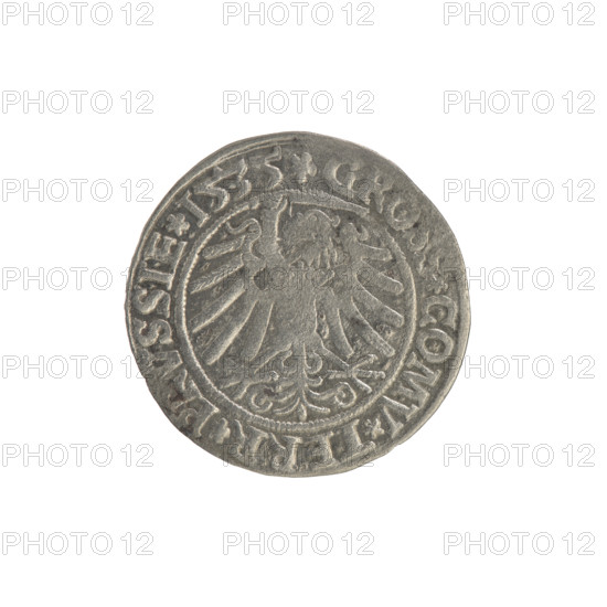 Prussian grosz, Sigismund I the Old (King of Poland; 1506–1548); obverse: crowned male bust in profile turned to the right, in the rim between pearl borders an inscription: .SIGIS.I.REX.PO.DO.TOCI.PRVSSIE; reverse: the Eagle of Royal Prussia, in the rim between the pearl borders the inscription: .GROSS.COMV.TERR.PRVSSIE.1535; 1535; Torun, Poland.