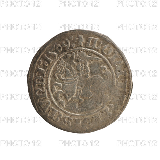 Lithuanian half-grosz, Sigismund I the Old (king of Poland; 1506–1548). Obverse: Chaser turned left; in the rim between pearl borders an inscription: + MONE, ISMVNDI:1509:. Reverse: Polish Eagle with a crown; in the rim between pearl borders an inscription: + MAGNI:D, S, ITVANIE, 1509. R8 (rarity). Polish coin of the Jagiellonian dynasty; coats of arms: Eagle and Chaser (Lithuania). Vilnius, Grand Duchy of Lithuania, 1509.
