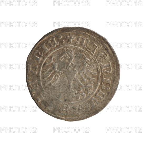 Lithuanian half-grosz, Sigismund I the Old (king of Poland; 1506–1548). R8 (rarity). Polish coin from 1509, Vilnius, Grand Duchy of Lithuania. Obverse: Chaser (coat of arms; Lithuania) turned left; in the rim between pearl borders an inscription: + MONE.ISMVNDI:1509:. Reverse: Polish Eagle with a crown; in the rim between pearl borders an inscription: + MAGNI:D,S,ITVANIE,1509. Features coats of arms and eagles; Jagiellonian dynasty. Coin.