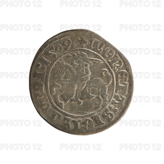 Lithuanian half-grosz, Sigismund I the Old (king of Poland; 1506–1548). Obverse: Chaser (Lithuanian coat of arms) turned left; in the rim between pearl borders an inscription: + COIN:SIGI, DI:1509:. Reverse: Polish crowned eagle; in the rim between pearly borders an inscription: + MAG, I:DVCI, :, ITVANIE, 1509. Coin dated 1509, struck in Vilnius; materials and denomination: half-grosz (Polish–Lithuanian coin), related to Jagiellon dynasty; features coats of arms (eagle, Chaser). R8 (rarity).