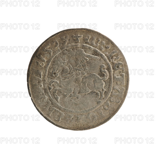 Lithuanian half-grosz, Sigismund I the Old (king of Poland; 1506–1548). Polish coin of the Jagiellon dynasty. Obverse: Pursuer (Lithuanian emblem) turned left; in the rim between pearl borders an inscription: + COIN, 1509. Reverse: Crowned Polish eagle; in the rim between pearly borders an inscription: AGNI.DVCIS.LIT, 1509. Minted in Vilnius, Grand Duchy of Lithuania (Poland).