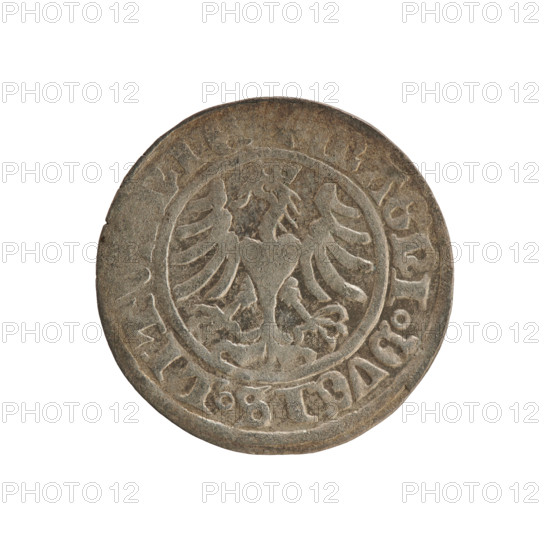 Lithuanian half-grosz, Sigismund I the Old (king of Poland; 1506–1548). Polish coin (Jagiellon dynasty). Obverse: Pursuer (Lithuanian emblem) turned left; in the rim between pearl borders an inscription: + COIN, 1509. Reverse: Polish crowned eagle; in the rim between pearly borders an inscription: AGNI.DVCIS.LIT, 1509. Vilnius, Grand Duchy of Lithuania.