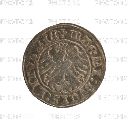 Lithuanian half-grosz, Sigismund I the Old (king of Poland; 1506–1548). R8 (rarity). Polish coin from 1509, Grand Duchy of Lithuania, Vilnius. Jagiellonian dynasty. Obverse: Chaser (coat of arms; Lithuania) turned left; in the rim between pearl borders an inscription: + COIN:SIGISMVNDI:1509. Reverse: Crowned Polish eagle; in the rim between pearl borders an inscription: + MAGNI:DVCIS:LITV, NIE, 1509. Coats of arms, eagles. Coin.