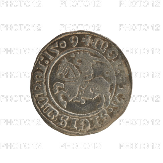 Lithuanian half-grosz, Sigismund I the Old (king of Poland; 1506–1548). Polish coin (Jagiellon dynasty). Obverse: Pursuer (emblem of Lithuania) turned left; in the rim between pearl borders an inscription: + MO, TA:SIGISMVNDI:1509. Reverse: Polish crowned eagle; in the rim between pearl borders an inscription: +, AGNI:DVCIS:LITVANIE:, 1509. Minted in Vilnius, Grand Duchy of Lithuania.