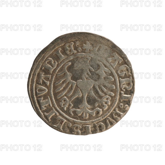 Lithuanian half-grosz, Sigismund I the Old (king of Poland; 1506–1548). Polish coin of the Jagiellon dynasty. Obverse: Pursuer (emblem of Lithuania) turned left; in the rim between pearl borders an inscription: + MO, TA:SIGISMVNDI:1509. Reverse: Polish crowned eagle; in the rim between pearl borders an inscription: +, AGNI:DVCIS:LITVANIE:, 1509. Coin, Grand Duchy of Lithuania.