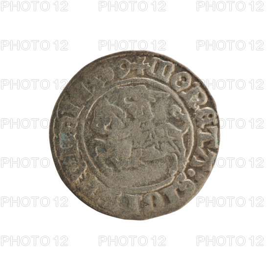 Lithuanian half-grosz, Sigismund I the Old (king of Poland; 1506–1548). Silver coin (half-grosz), 1509, struck in Vilnius, Grand Duchy of Lithuania. Obverse: Pursuer turned left; in the rim between pearl borders an inscription: + COIN:SIGI, VNDI, 9. Reverse: Polish crowned eagle; in the rim between pearl borders an inscription: + MGANI:DVCIS:, VANI, 1509. Features emblems: eagle and Pursuer; associated with the Jagiellon dynasty.