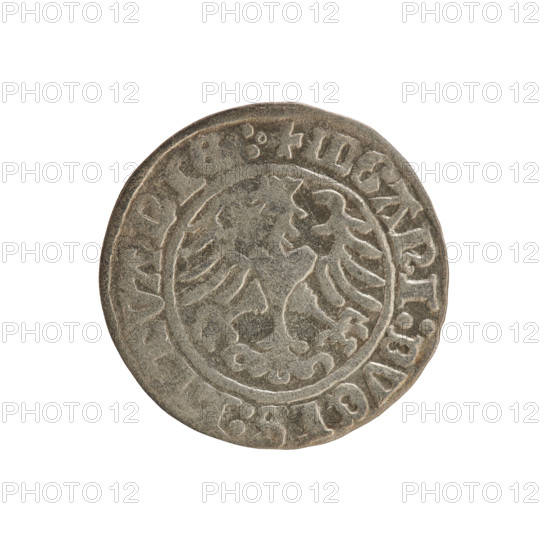 Lithuanian half-grosz, Sigismund I the Old (king of Poland; 1506–1548). Polish coin of the Jagiellon dynasty, 1509, struck in Vilnius, Grand Duchy of Lithuania. Obverse: Pursuer (Pogonia) turned left; in the rim between pearl borders an inscription: + COIN:SIGI, VNDI, 9. Reverse: Polish crowned eagle; in the rim between pearl borders an inscription: + MGANI:DVCIS:, VANI, 1509.