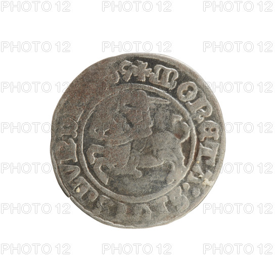 Lithuanian half-grosz, Sigismund I the Old (king of Poland; 1506–1548). R8 (rarity). Polish coin from 1509, minted in Vilnius, Grand Duchy of Lithuania. Jagiellon dynasty. Materials/style: coin with coats of arms — Chaser (Lithuania) and Polish crowned eagle. Obverse: Chaser turned left; in the rim between pearl borders an inscription: + COIN:, SMVNDI, 09. Reverse: Polish crowned eagle; in the rim between pearl borders an inscription: MA, VCIS:LITVA, 1509.