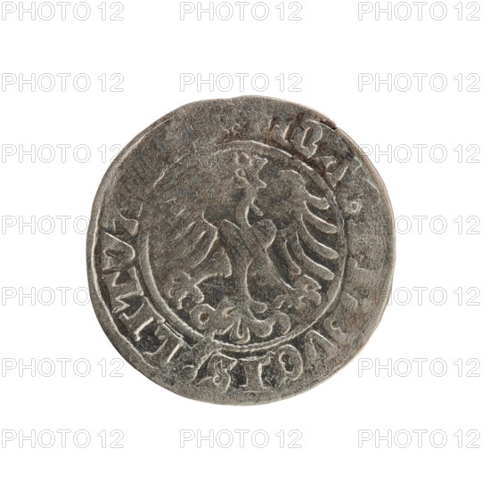 Lithuanian half-grosz, Sigismund I the Old (king of Poland; 1506–1548), R8 (rarity), Polish coin from 1509, minted in Vilnius, Grand Duchy of Lithuania. Jagiellon dynasty. Obverse: Chaser (coat of arms; Lithuania) turned left; in the rim between pearl borders an inscription: + COIN:, SMVNDI, 09. Reverse: Polish eagle with crown; in the rim between pearl borders an inscription: MA, VCIS:LITVA, 1509. Coats of arms, eagles. Function: coin.