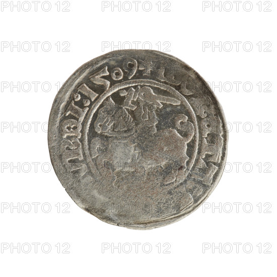 Lithuanian half-grosz, Sigismund I the Old (King of Poland; 1506–1548). Obverse: Pogon (Lithuanian coat of arms) turned left; in the rim between pearly borders the inscription 'TA VNDI 1509'. Reverse: Polish crowned eagle; in the rim between pearly borders the inscription '+ MAG.. IS]:, IE:'. Dated 1509. Materials: coin; region: Vilnius, Grand Duchy of Lithuania / Poland. Jagiellon dynasty; coats of arms: eagle, Pogon.