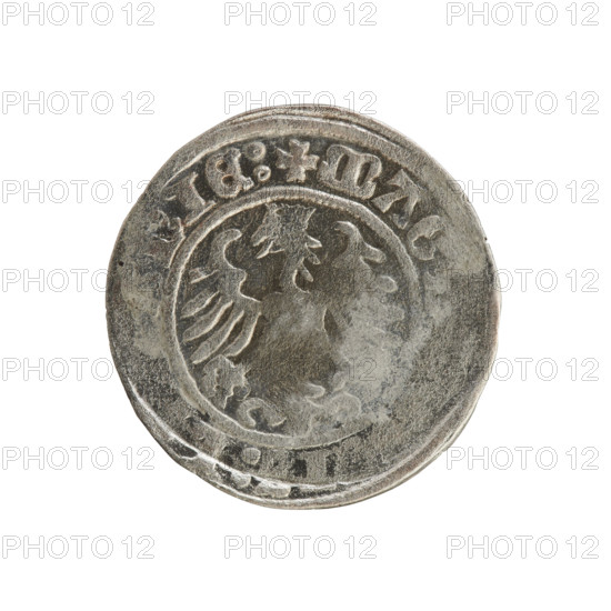Lithuanian half-grosz, Sigismund I the Old (King of Poland; 1506–1548). Obverse: Pogon (Lithuanian coat of arms) turned left; in the rim between pearly borders the inscription 'TA VNDI 1509'. Reverse: Polish crowned eagle; in the rim between pearly borders the inscription '+ MAG.. IS]:, IE:'. Dated 1509. Coin of the Grand Duchy of Lithuania / Poland; Jagiellon dynasty; features coats of arms and eagles. Material: coin (silver).